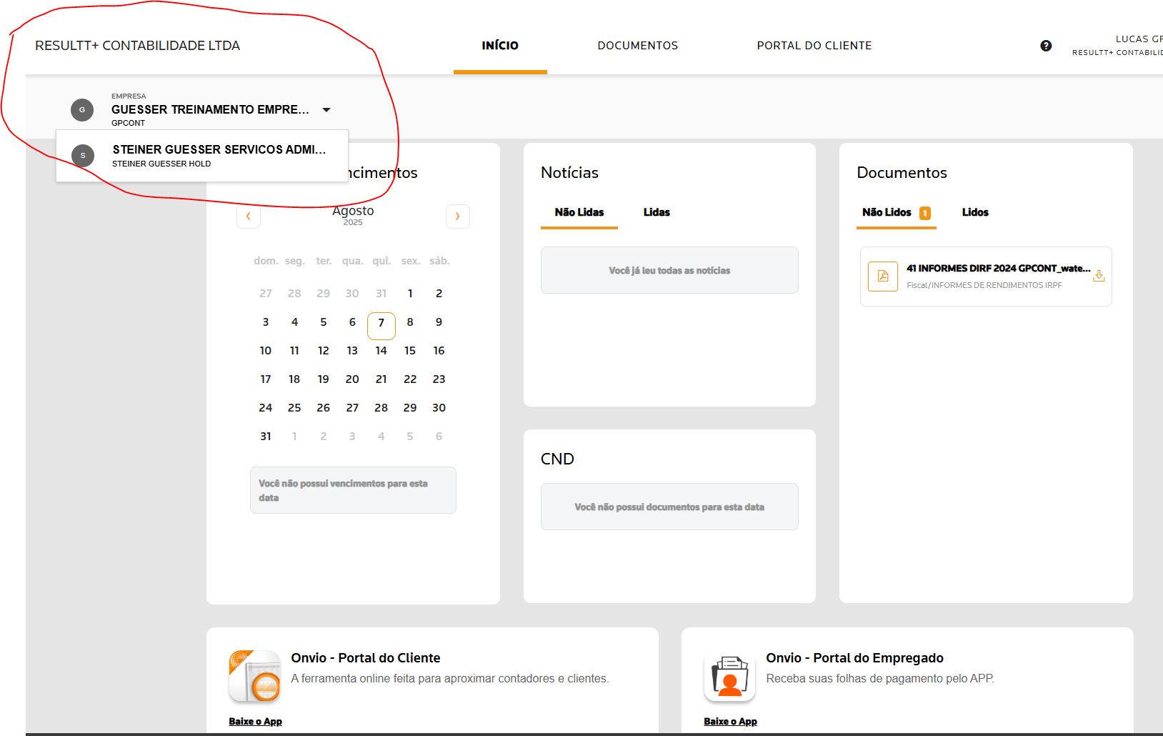 Painel inicial com troca de empresa